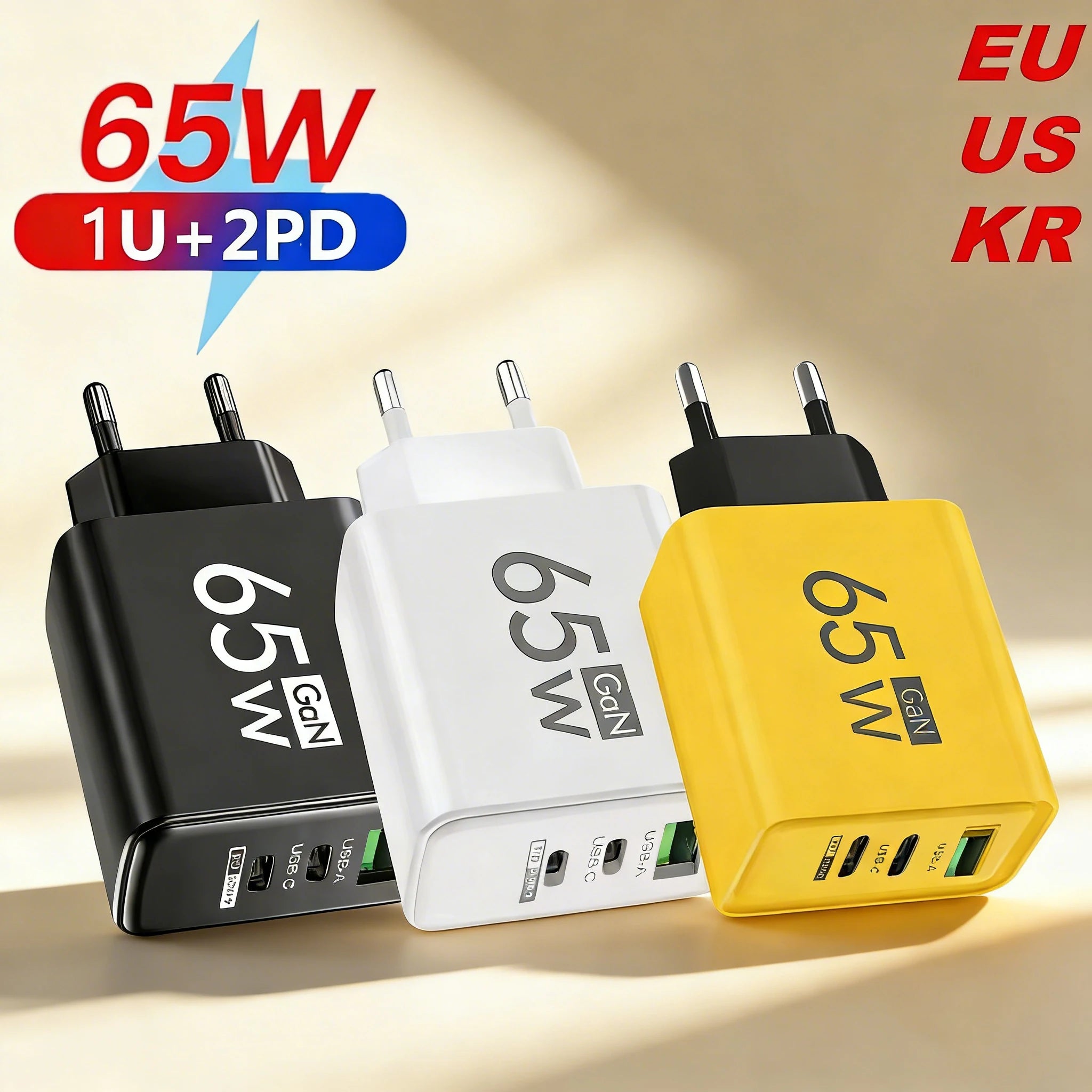 65W Gan USB C Fast Charger 3In1 Multi Ports Quick Charge 3.0 Wall Adapter EU US KR Plug Travel Charger for Iphone Samsung Xiaomi