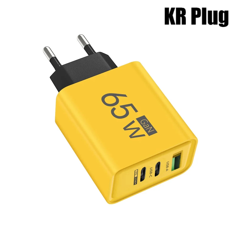 65W Gan USB C Fast Charger 3In1 Multi Ports Quick Charge 3.0 Wall Adapter EU US KR Plug Travel Charger for Iphone Samsung Xiaomi